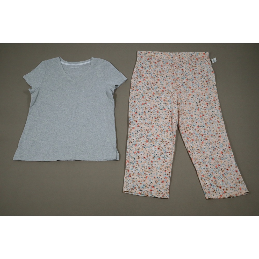 Charter Club Women's Pajama Set with Grey Top and Pink Floral Bottoms - Size L